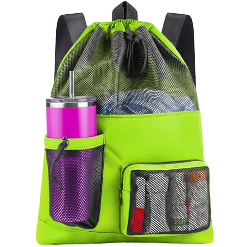 HOHOM Swim Mesh Beach Bag Large 40L Drawstring Backpack