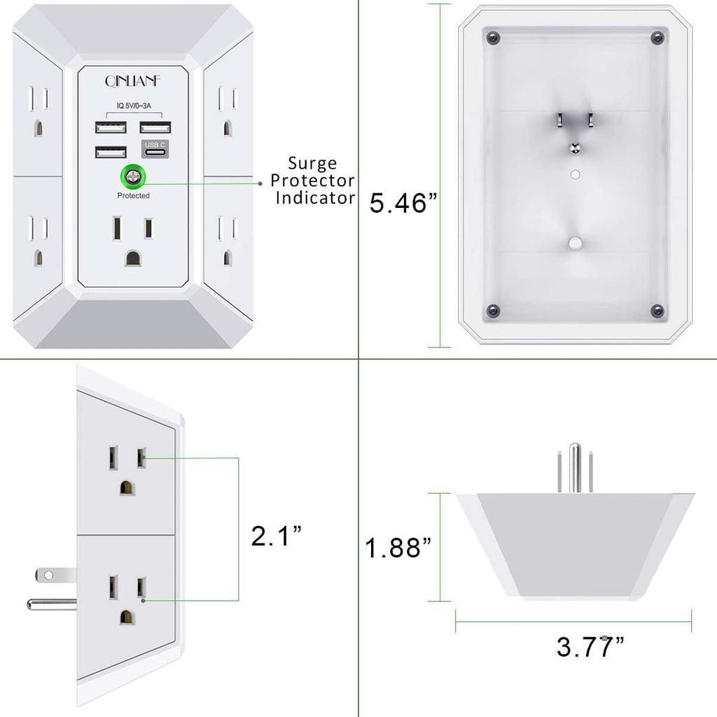 QINLIANF 5 Outlet Extender Surge Protector with 4 USB Ports