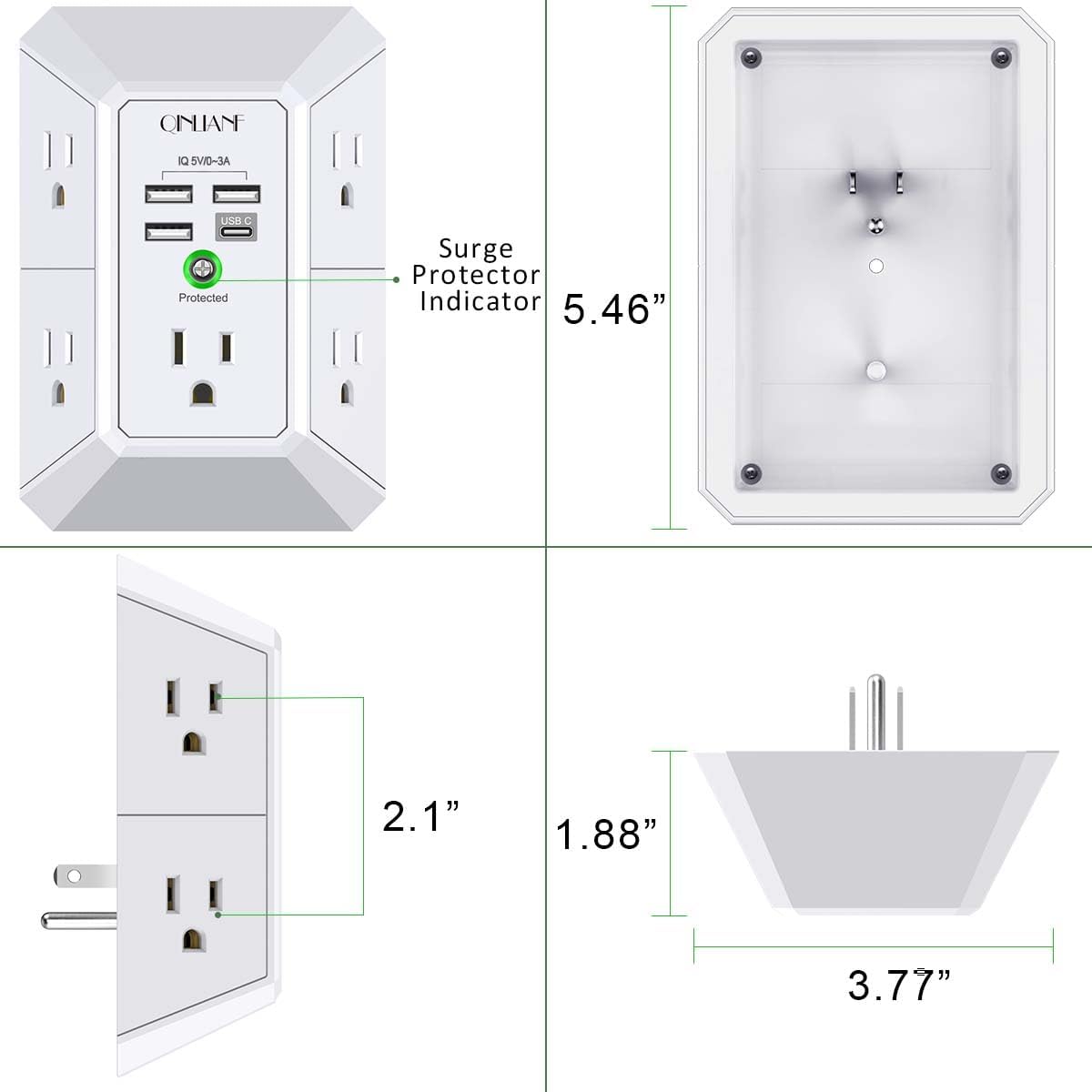 QINLIANF 5 Outlet Extender Surge Protector with 4 USB Ports