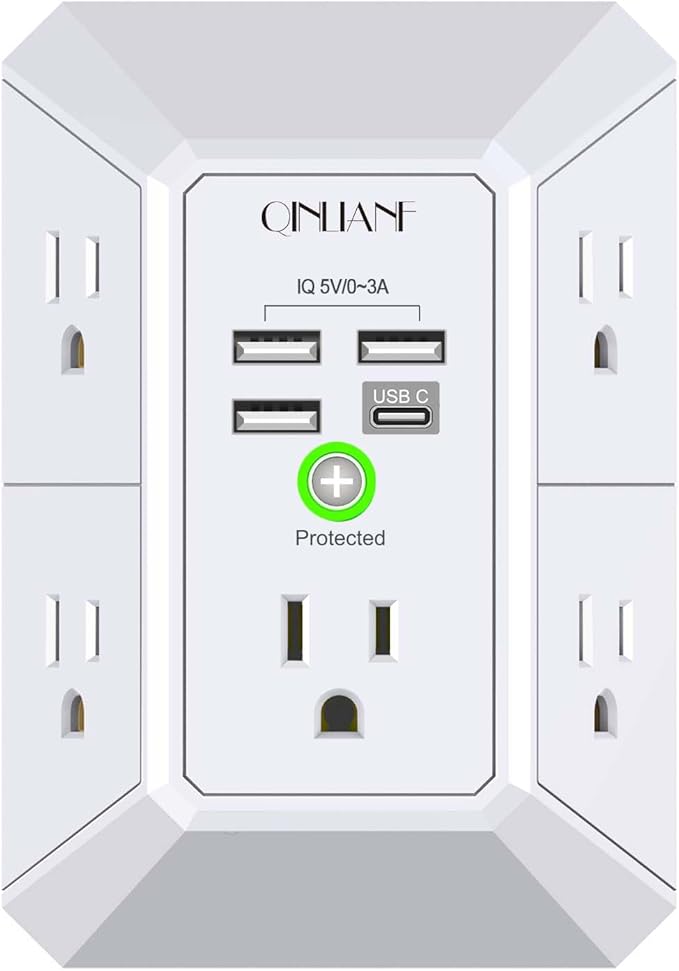 QINLIANF 5 Outlet Extender Surge Protector with 4 USB Ports