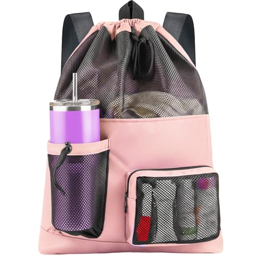 HOHOM Swim Mesh Beach Bag Large 40L Drawstring Backpack