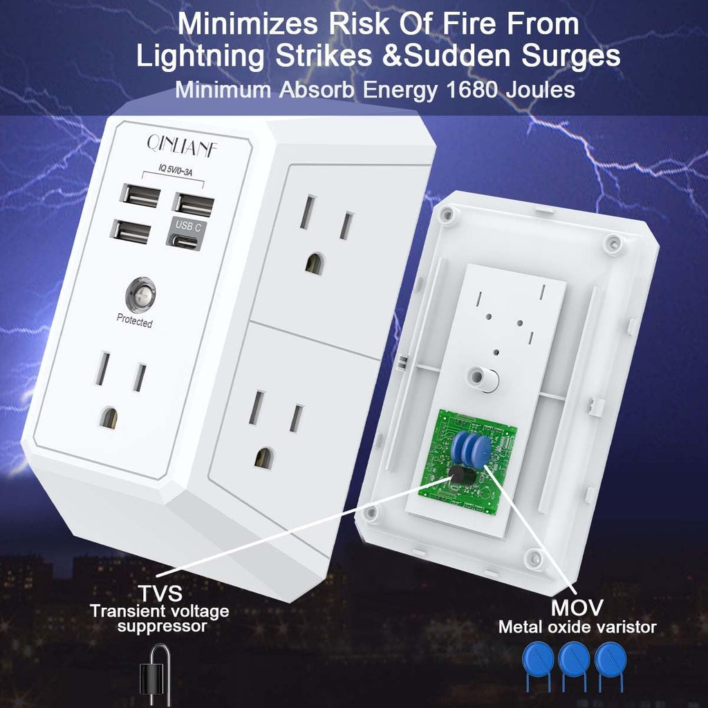 QINLIANF 5 Outlet Extender Surge Protector with 4 USB Ports