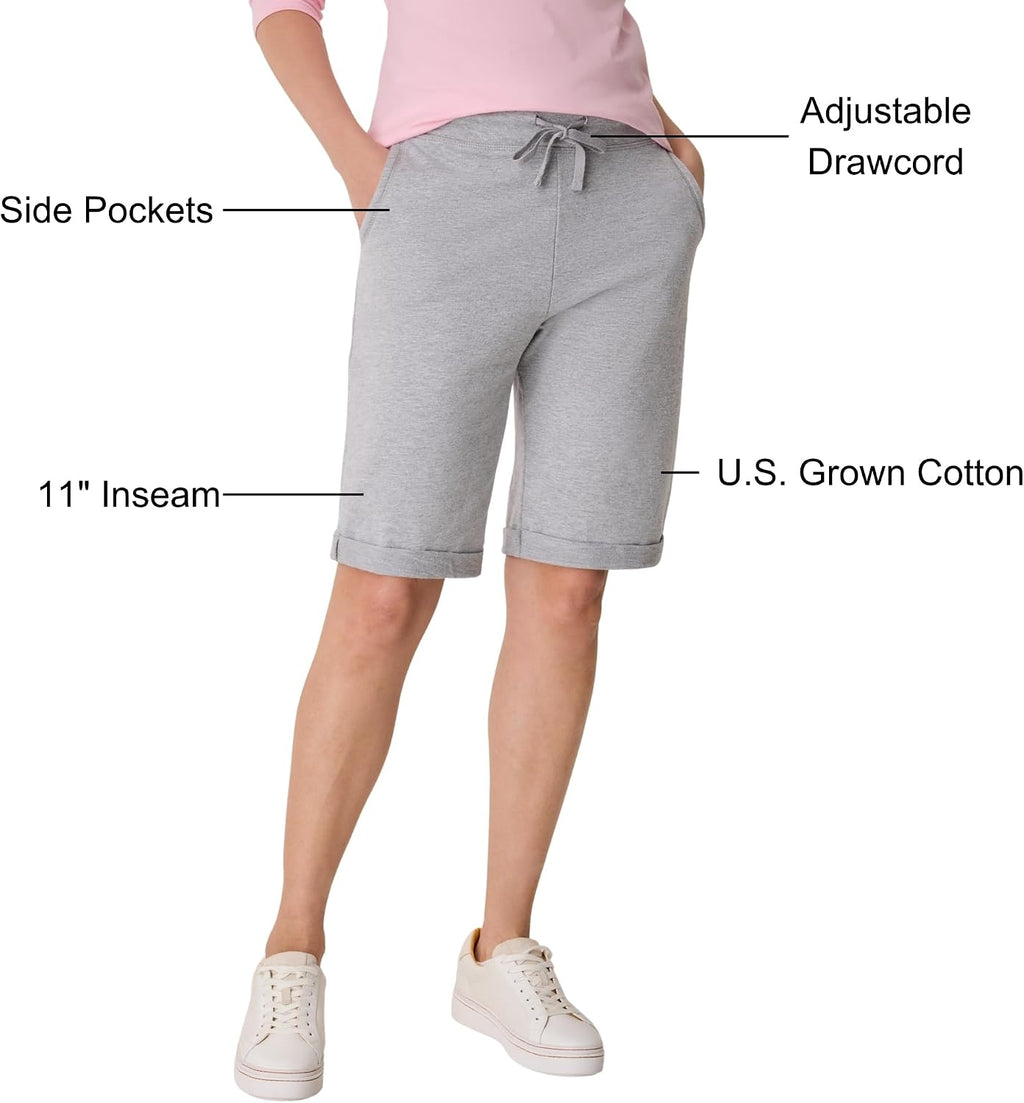 Hanes French Terry Bermuda Shorts Women's Side Pockets Elastic Waist