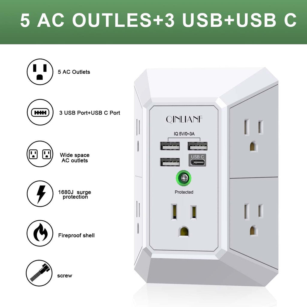 QINLIANF 5 Outlet Extender Surge Protector with 4 USB Ports