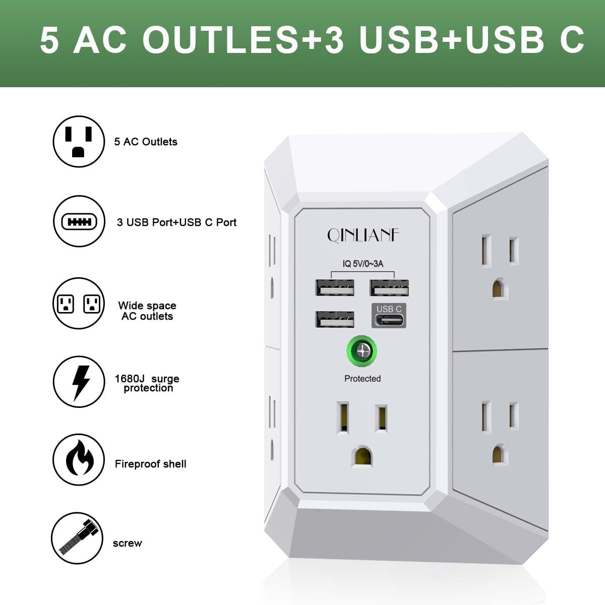 QINLIANF 5 Outlet Extender Surge Protector with 4 USB Ports