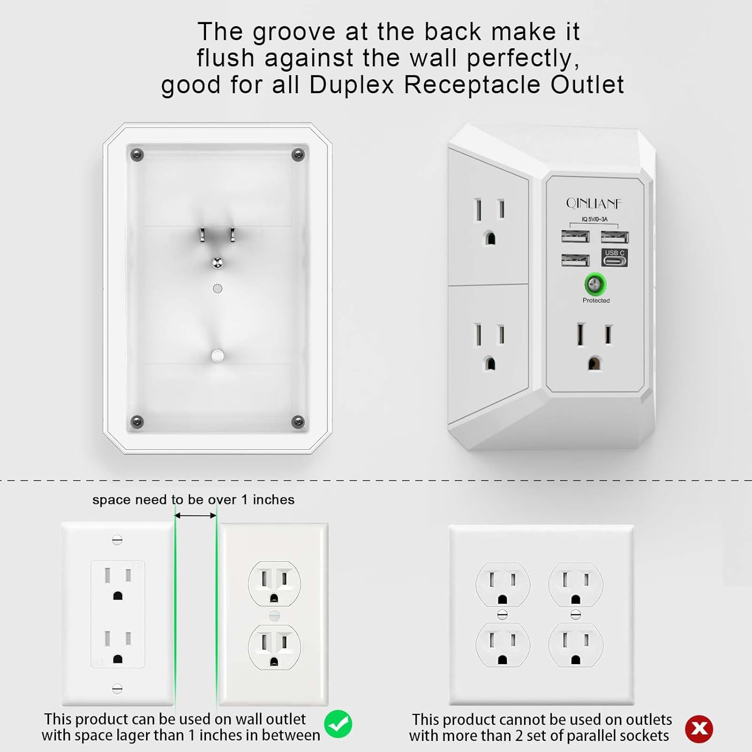 QINLIANF 5 Outlet Extender Surge Protector with 4 USB Ports