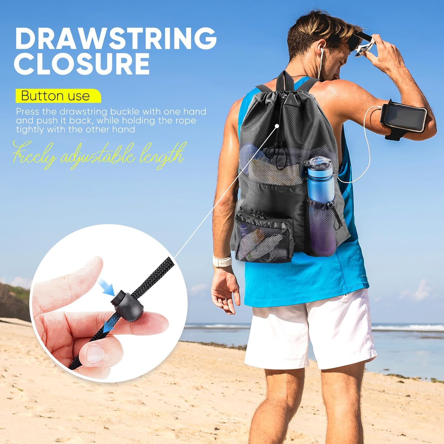 HOHOM Swim Mesh Beach Bag Large 40L Drawstring Backpack