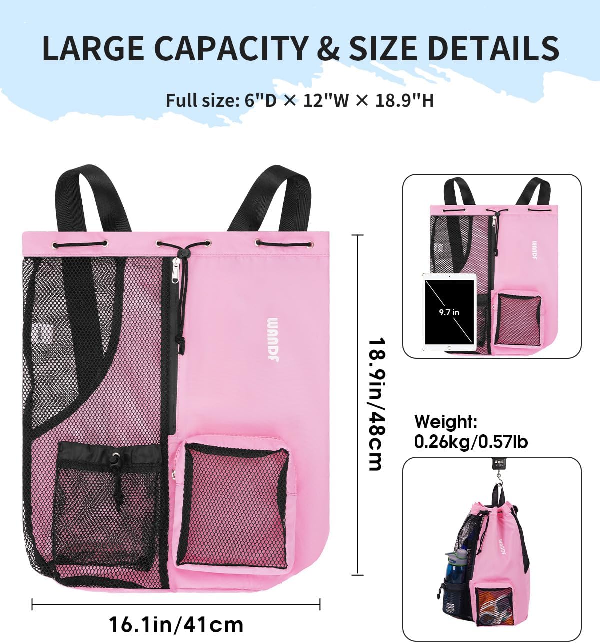 WANDF Mesh Drawstring Swim Backpack with Wet Pocket Large