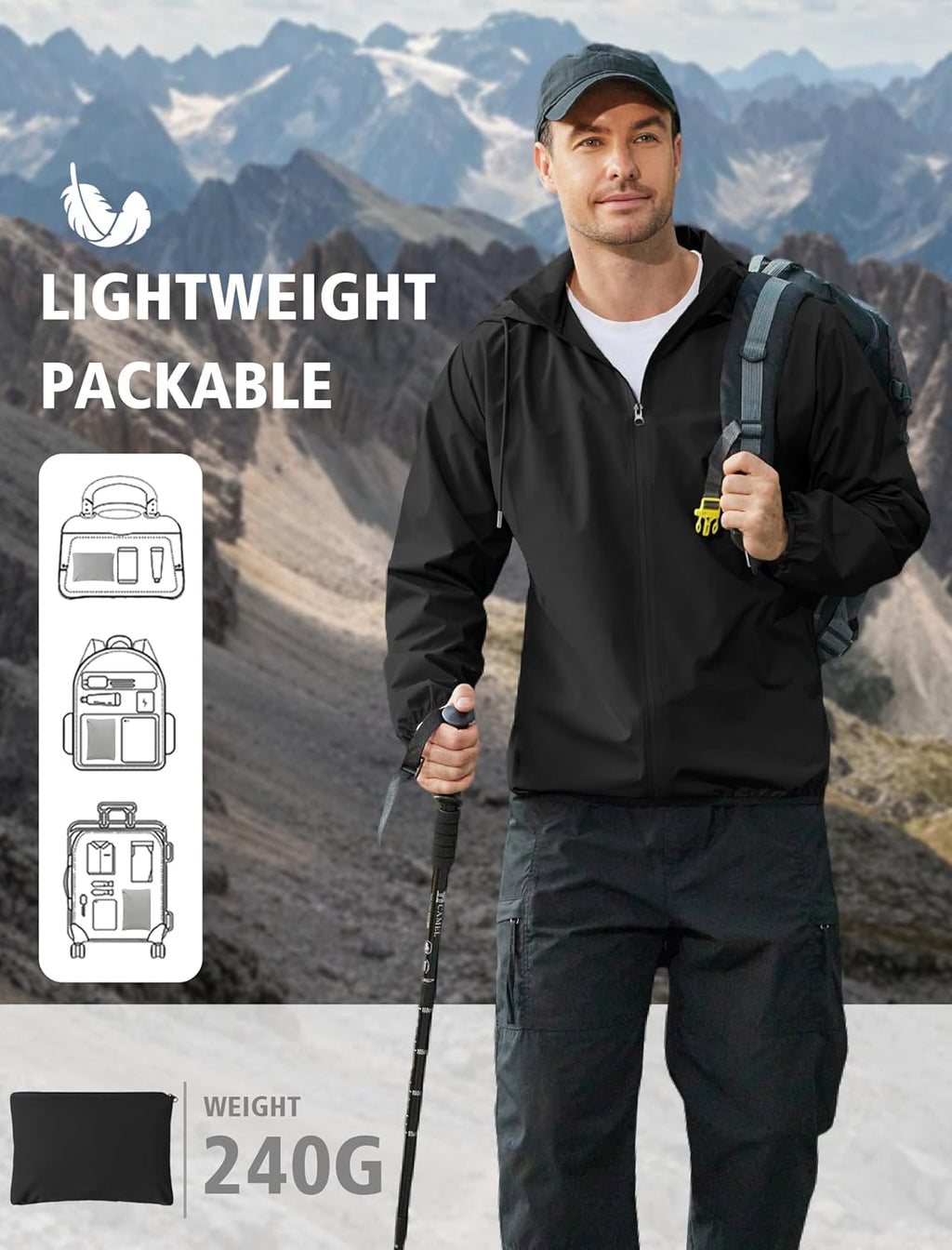 COOFANDY Men's Lightweight Hooded Rain Jacket Packable Waterproof Windbreaker