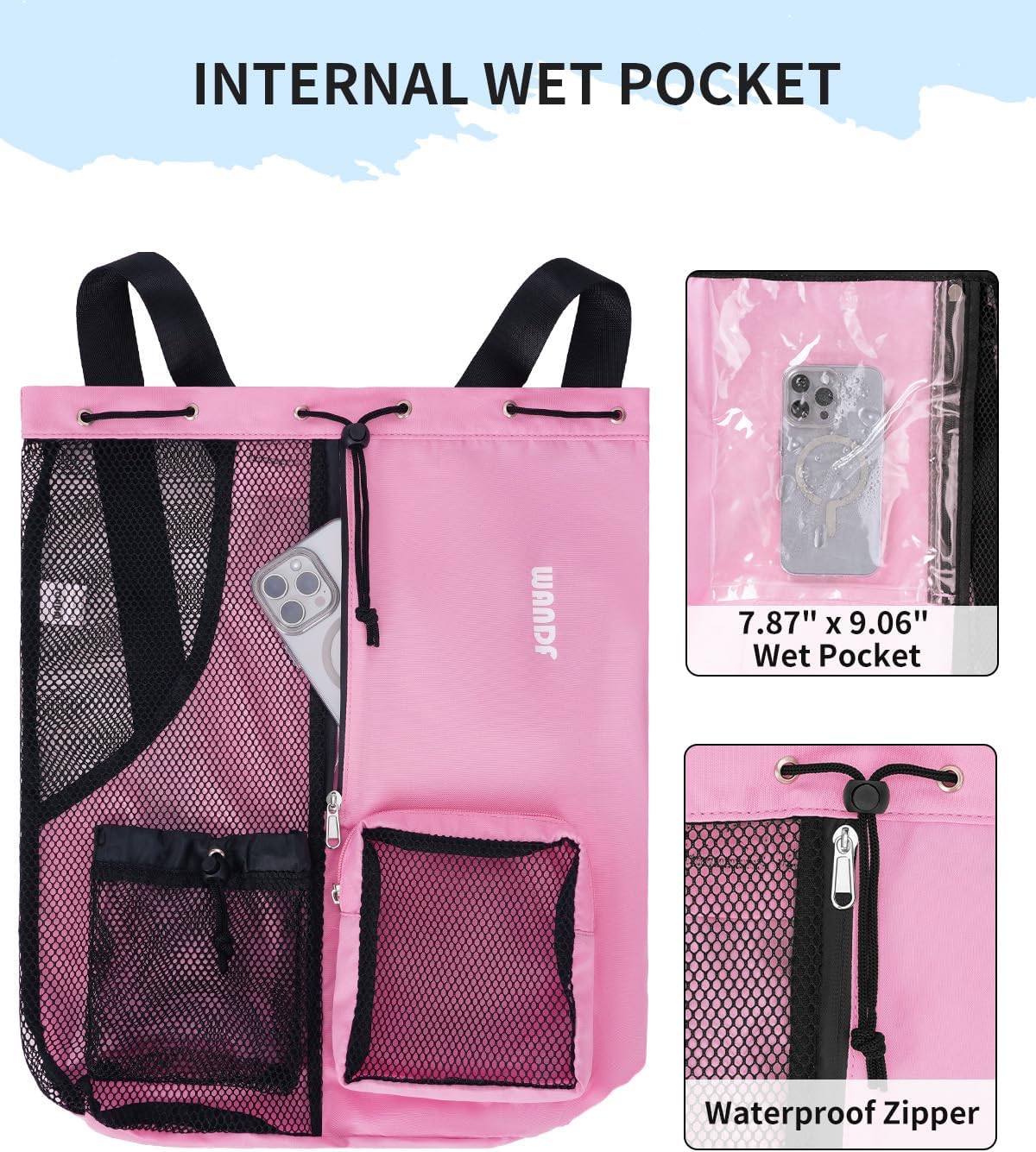WANDF Mesh Drawstring Swim Backpack with Wet Pocket Large