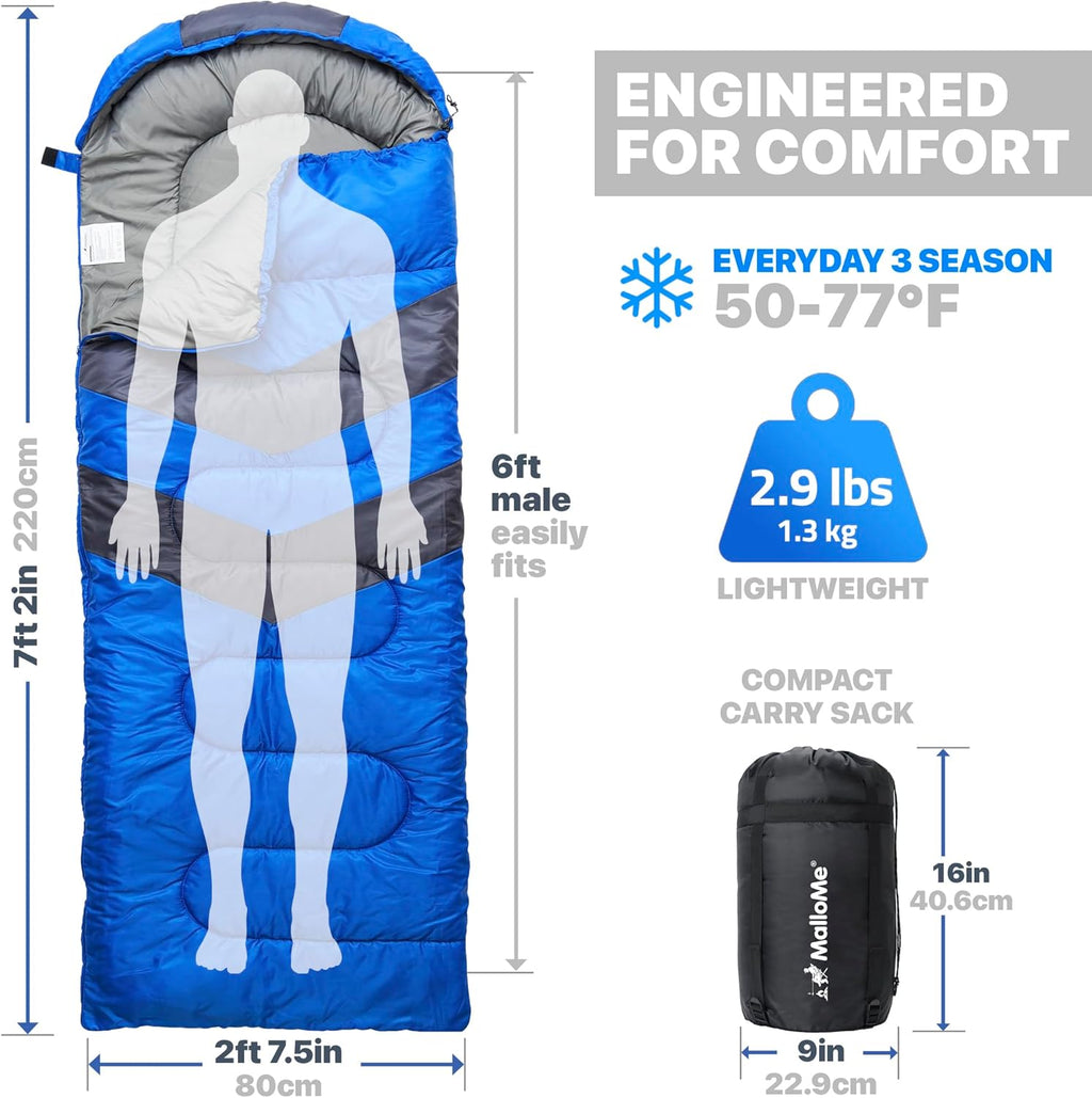 MalloMe 3-Season Camping Sleeping Bag Waterproof Lightweight Rectangular