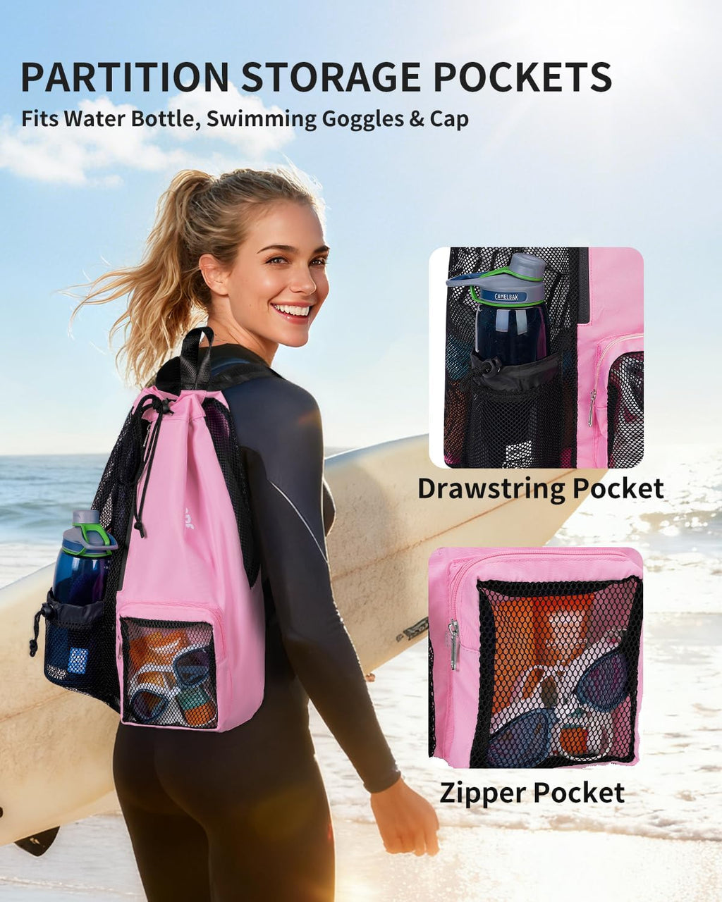 WANDF Mesh Drawstring Swim Backpack with Wet Pocket Large