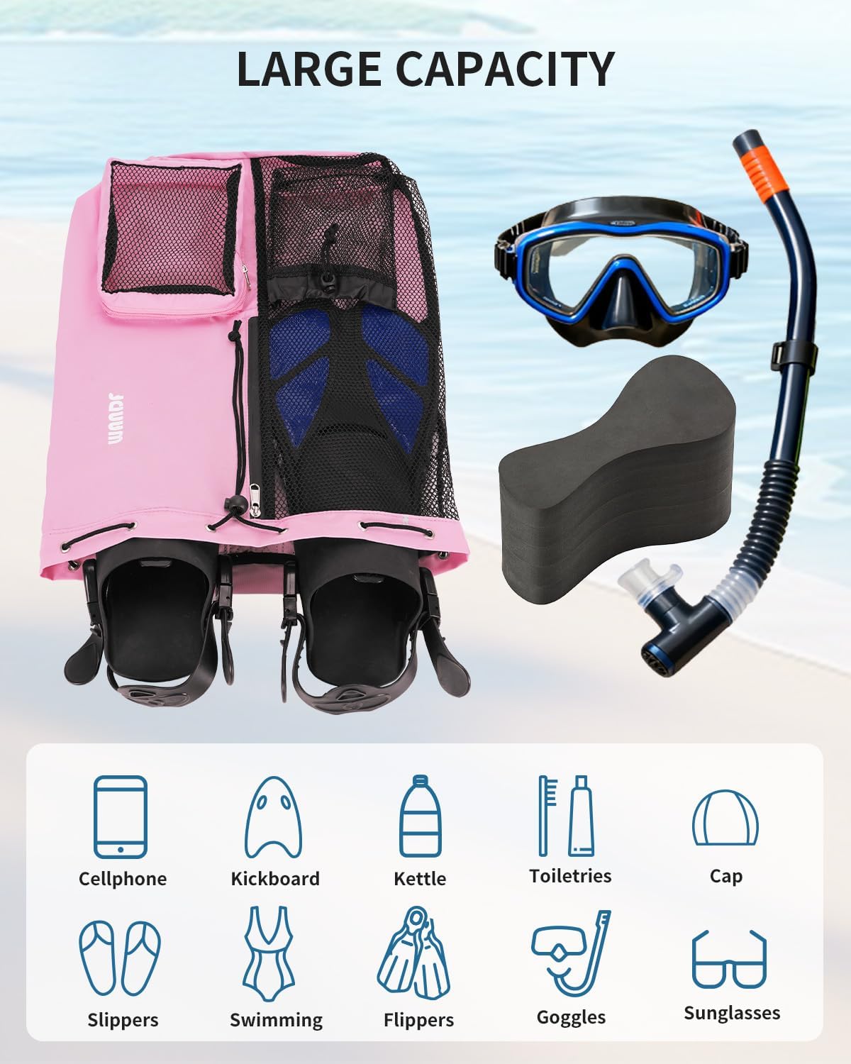 WANDF Mesh Drawstring Swim Backpack with Wet Pocket Large
