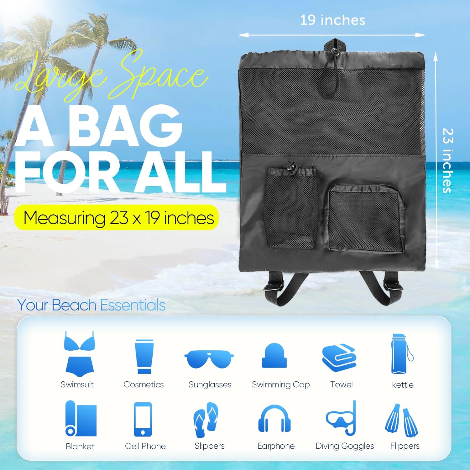 HOHOM Swim Mesh Beach Bag Large 40L Drawstring Backpack