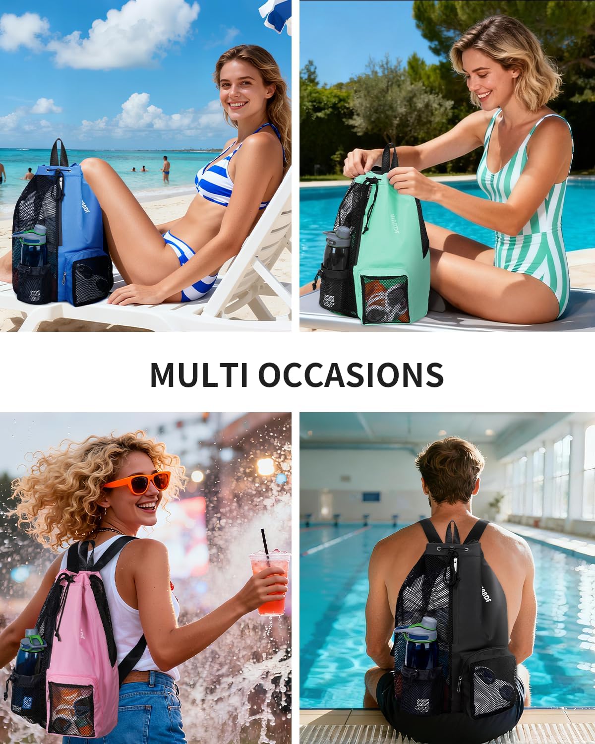 WANDF Mesh Drawstring Swim Backpack with Wet Pocket Large