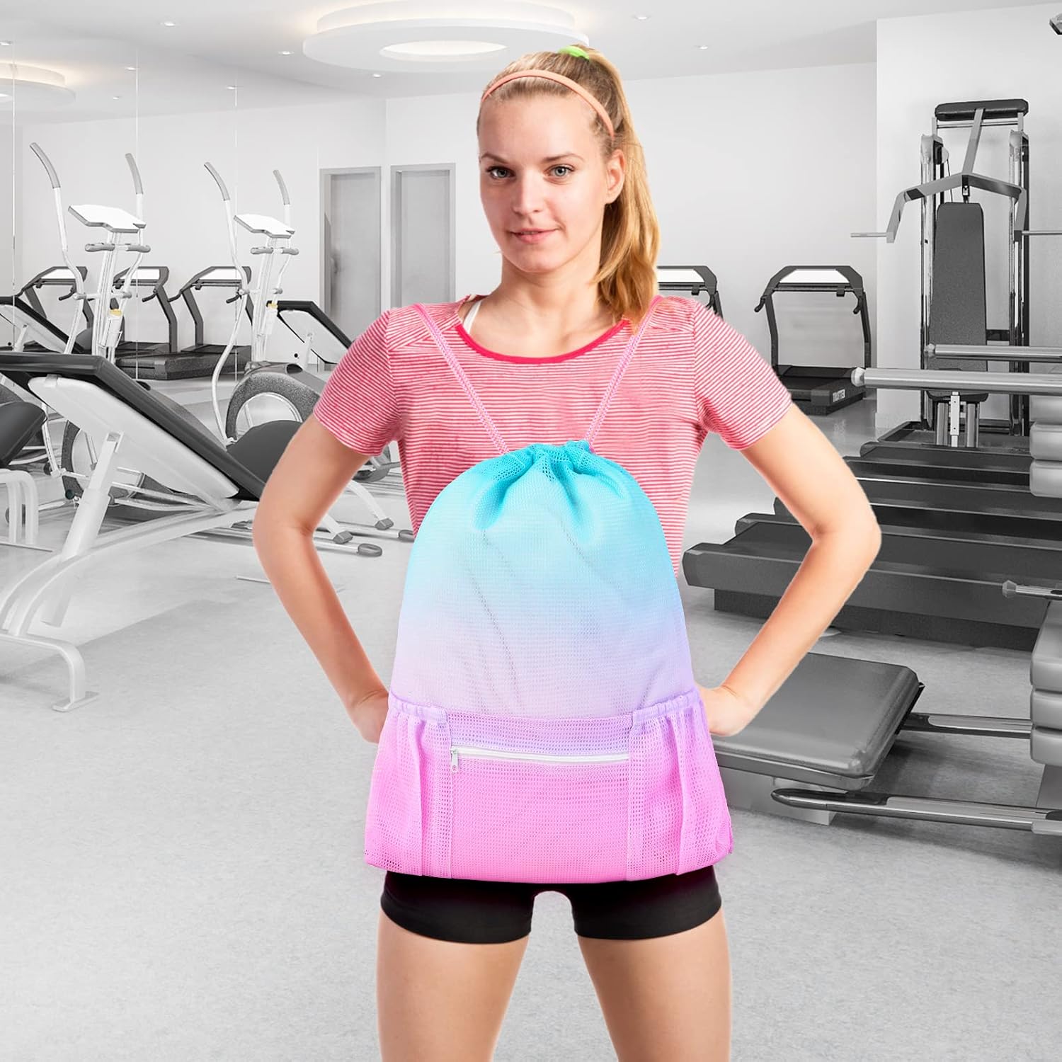 Nidoul Mesh Drawstring Gym Bag with Zipper Pocket 15x20in