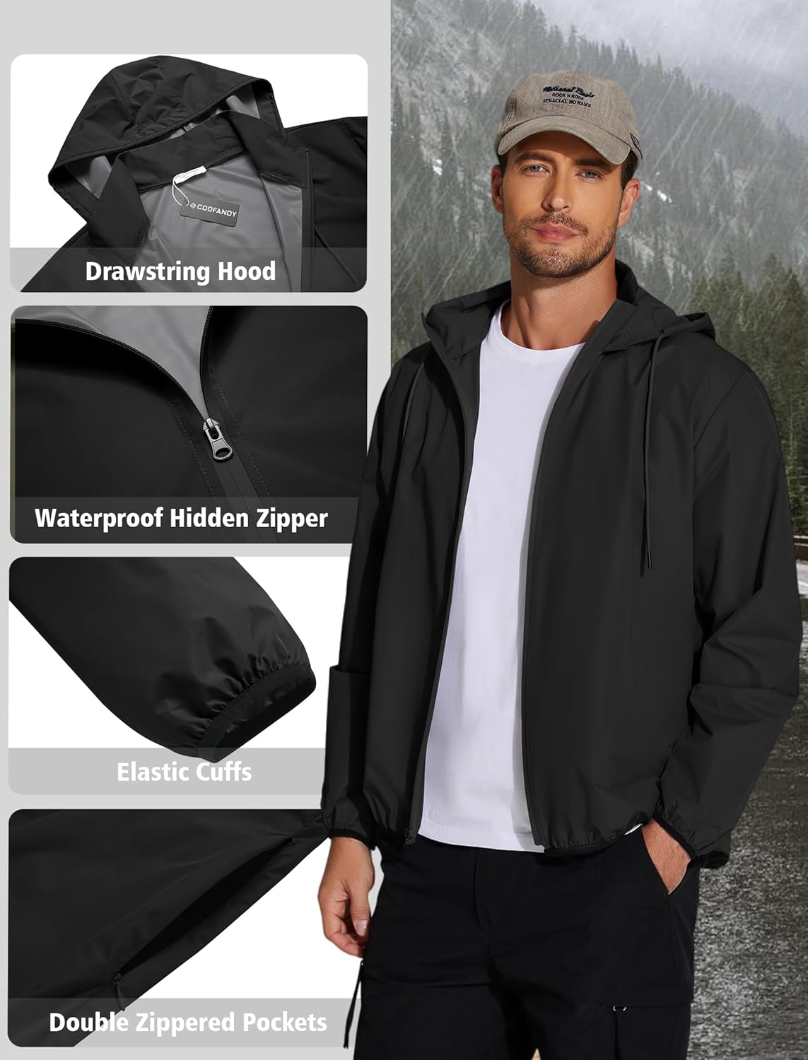 COOFANDY Men's Lightweight Hooded Rain Jacket Packable Waterproof Windbreaker