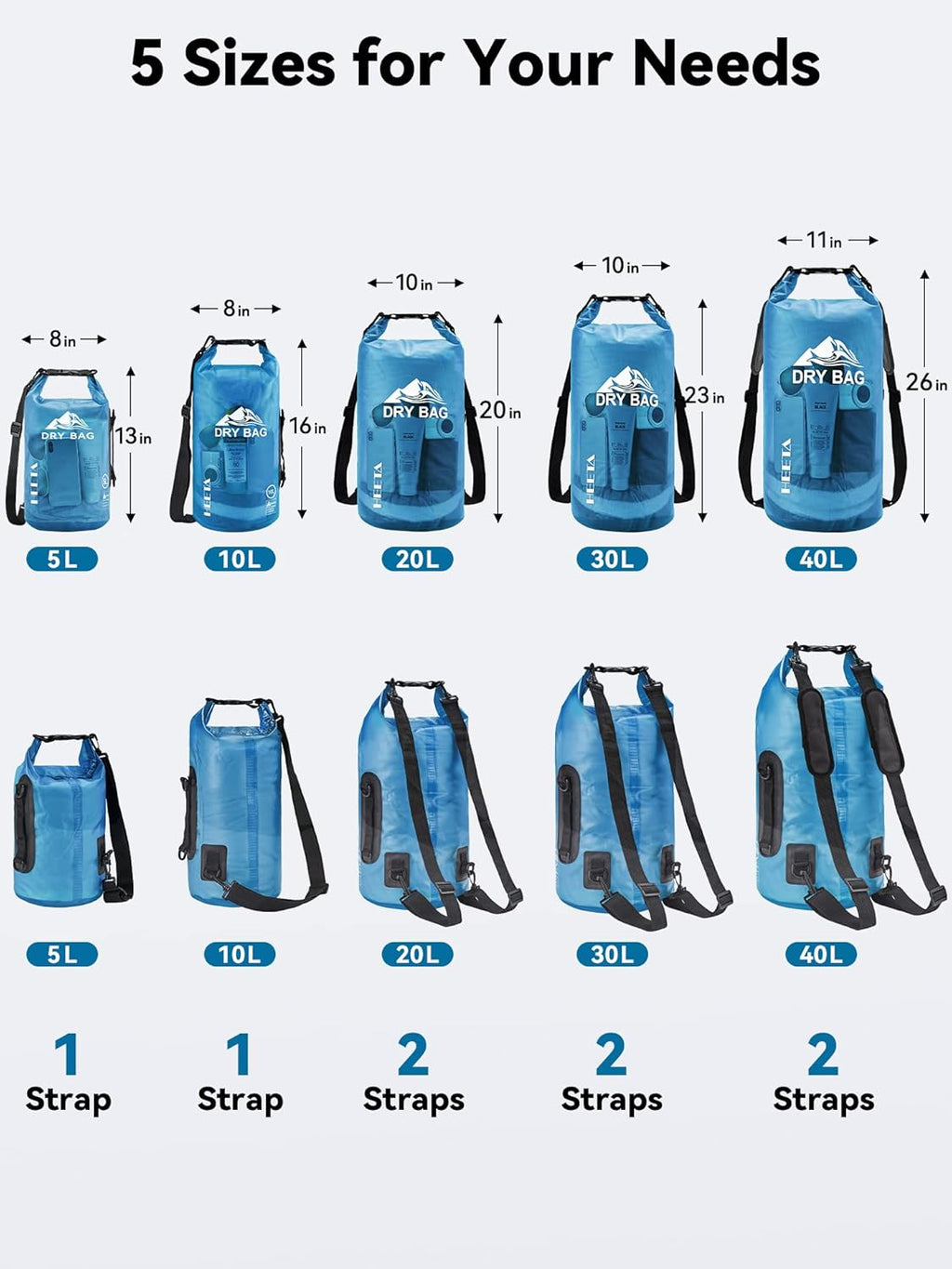 HEETA Waterproof Roll Top Dry Bag 5L-40L for Outdoor Sports