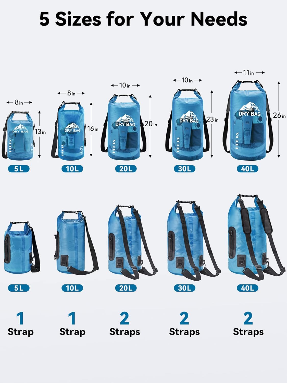 HEETA Waterproof Roll Top Dry Bag 5L-40L for Outdoor Sports