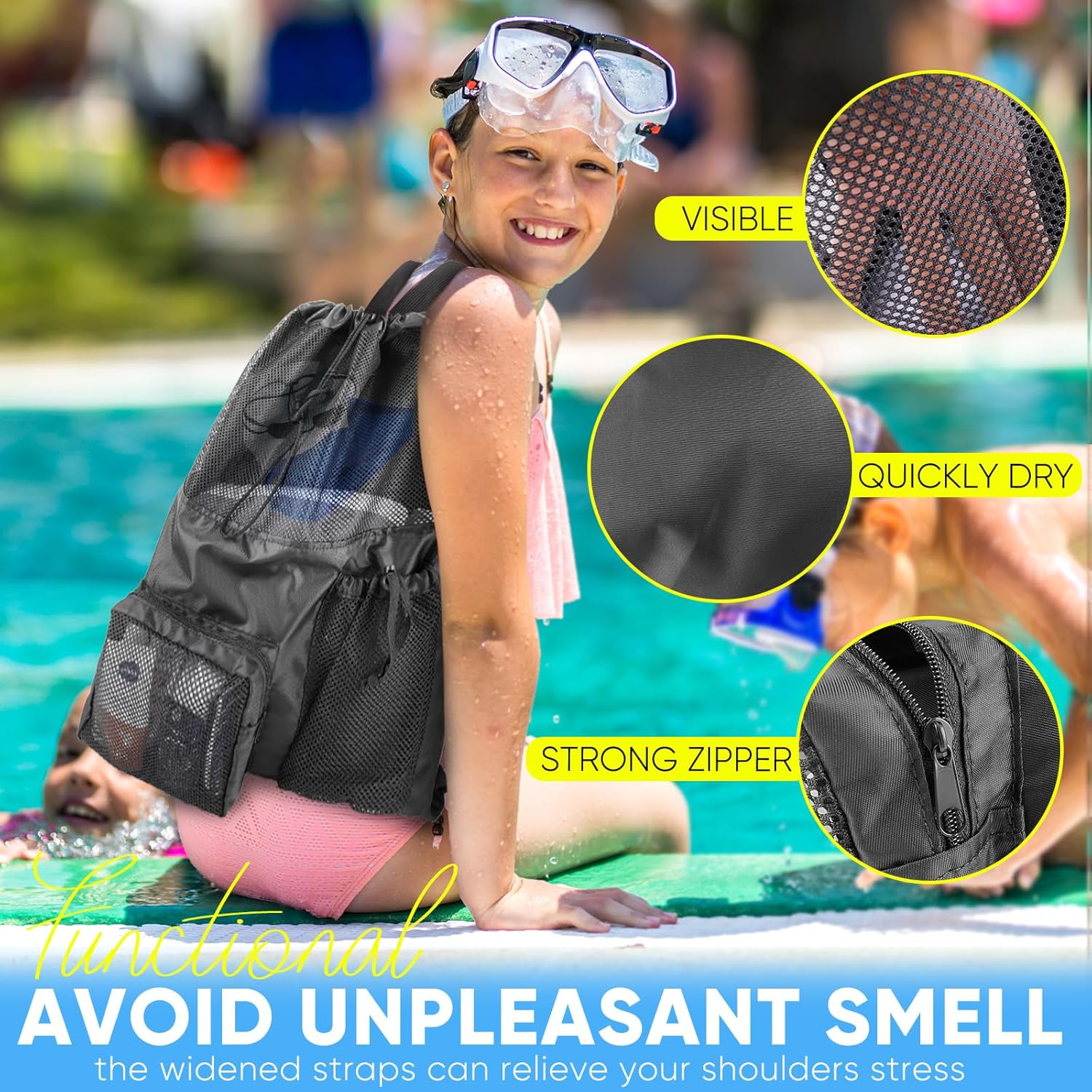 HOHOM Swim Mesh Beach Bag Large 40L Drawstring Backpack