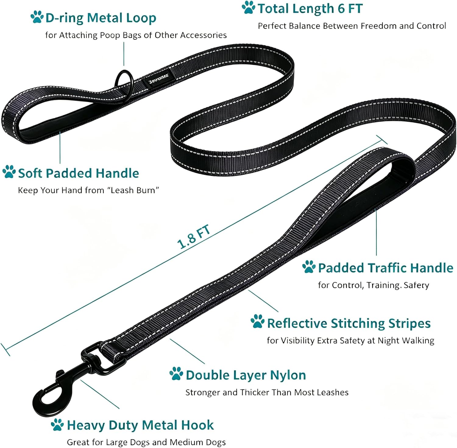 JEWOSTER 6ft Heavy Duty Dog Leash with Padded Traffic Handle