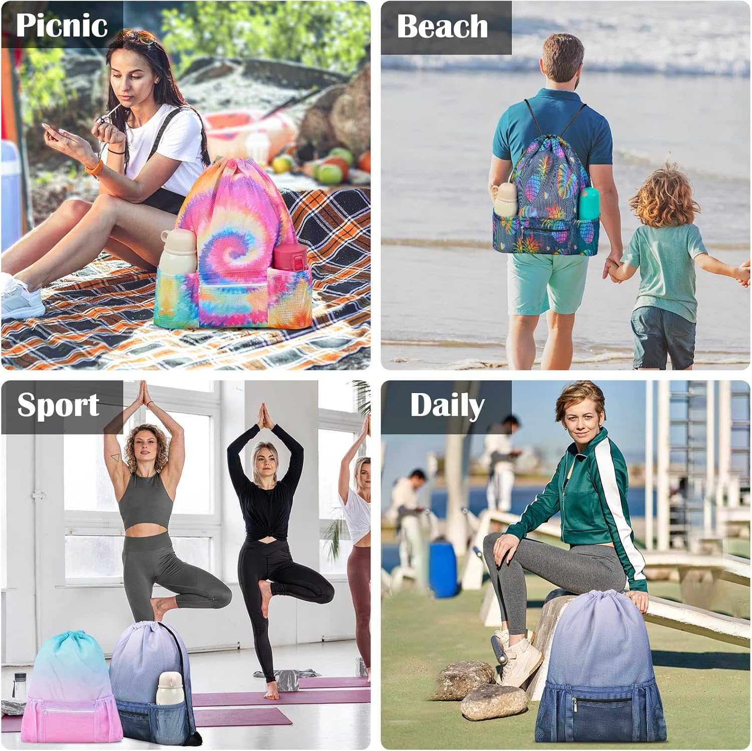 Nidoul Mesh Drawstring Gym Bag with Zipper Pocket 15x20in