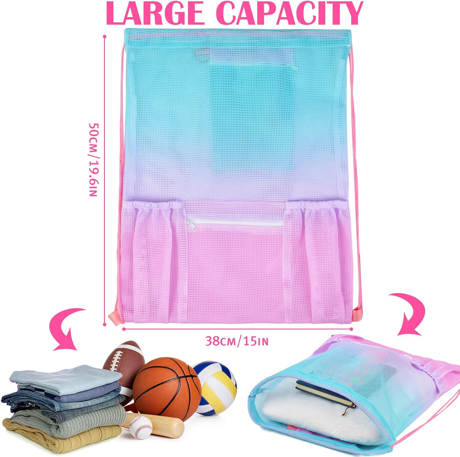 Nidoul Mesh Drawstring Gym Bag with Zipper Pocket 15x20in