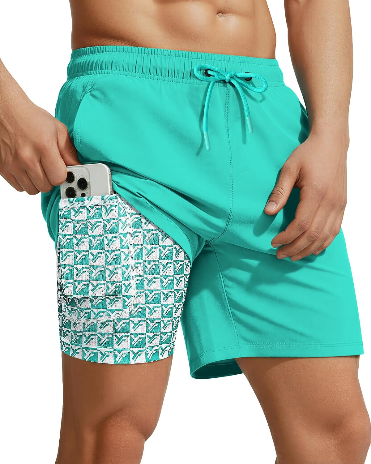 Yufawow 7 Inch Men's Swim Trunks with Compression Liner Quick Dry