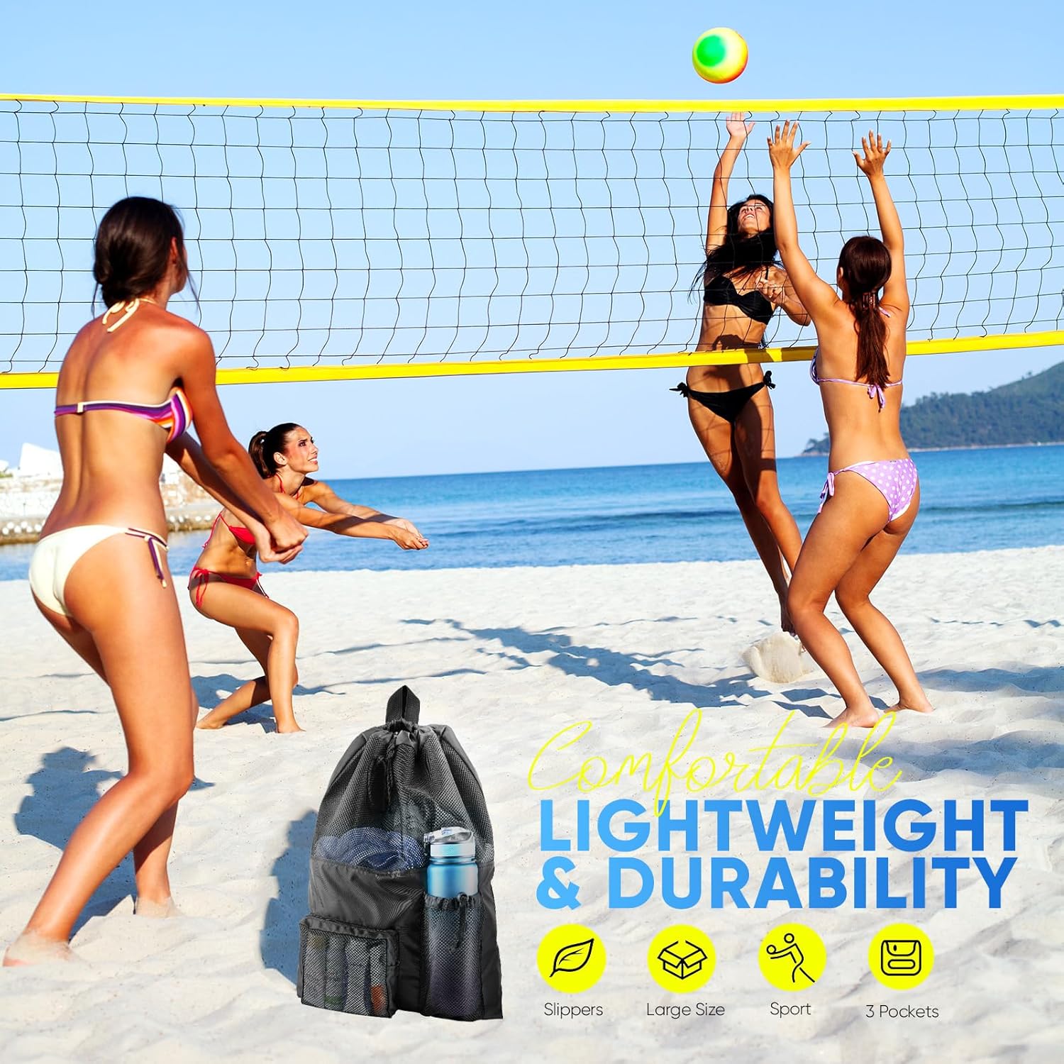 HOHOM Swim Mesh Beach Bag Large 40L Drawstring Backpack