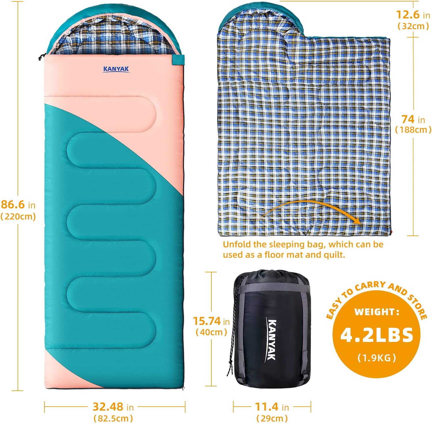 Kanyak 3-4 Season Semi-Rectangular Sleeping Bag for Camping