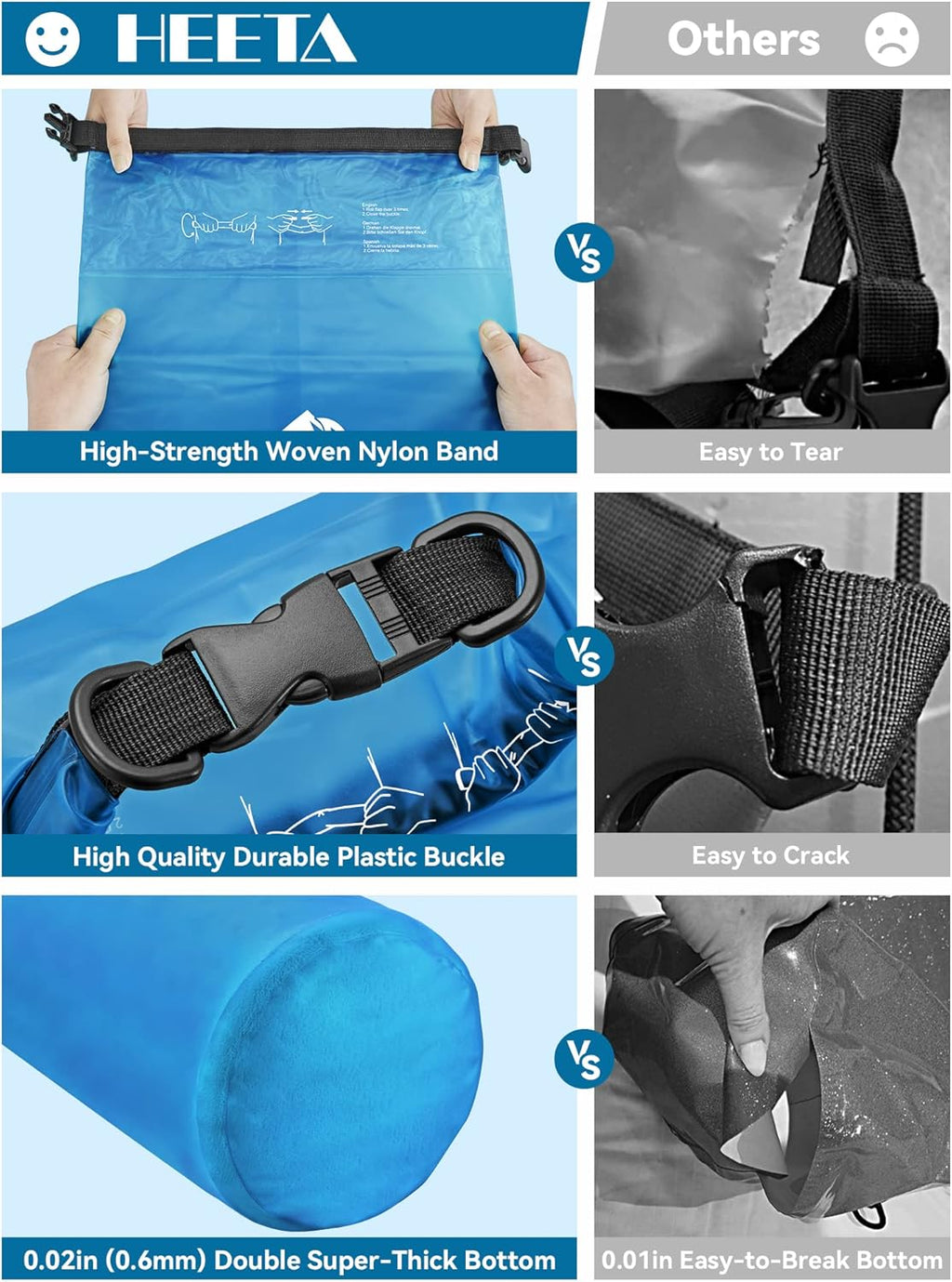 HEETA Waterproof Roll Top Dry Bag 5L-40L for Outdoor Sports