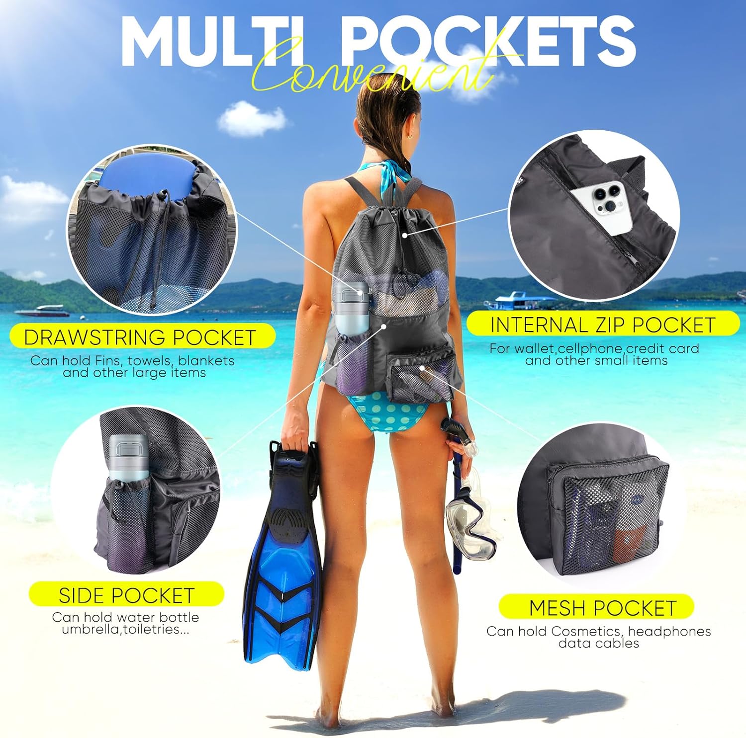 HOHOM Swim Mesh Beach Bag Large 40L Drawstring Backpack