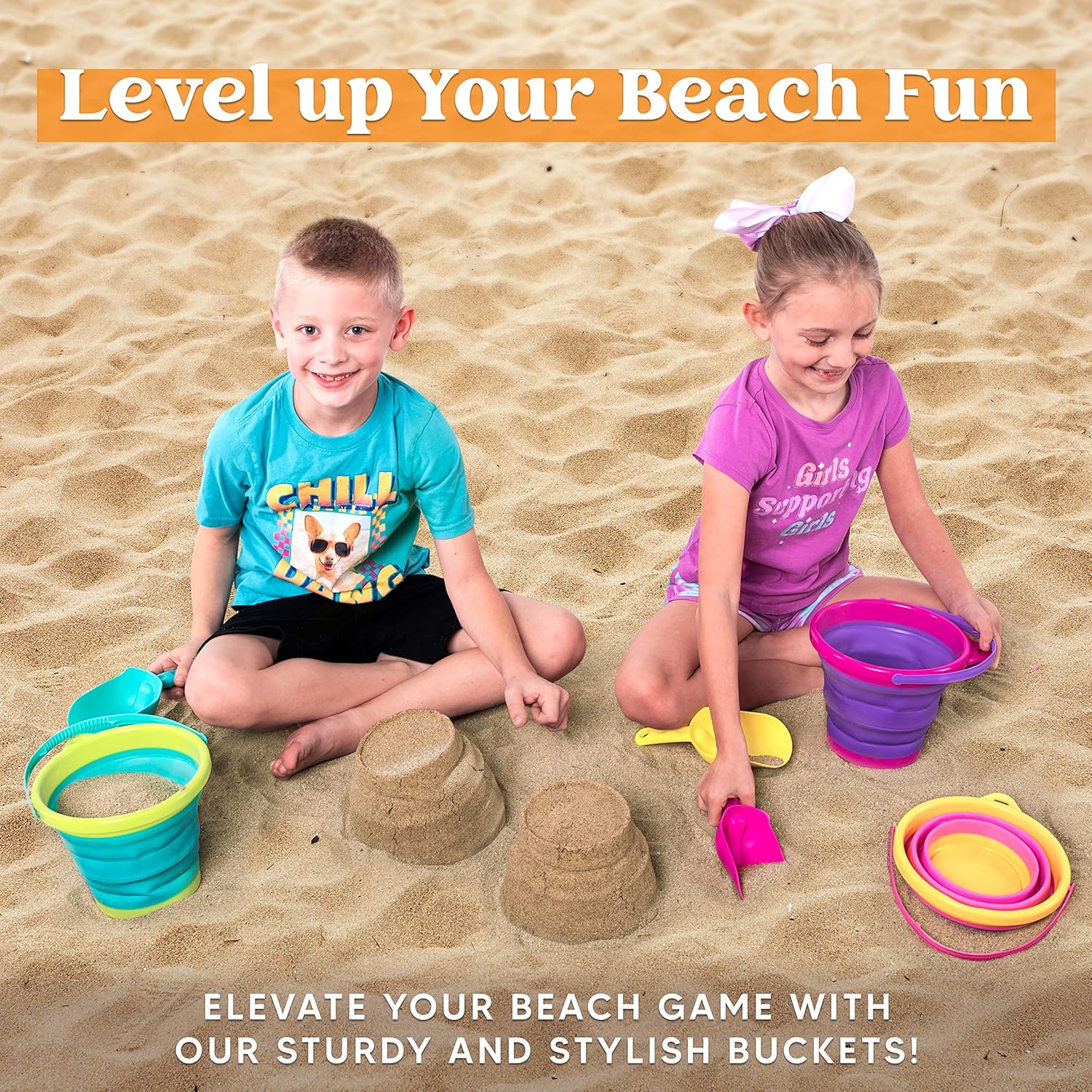 JOYIN Collapsible Beach Bucket Set 3-Pack for Kids with Shovels