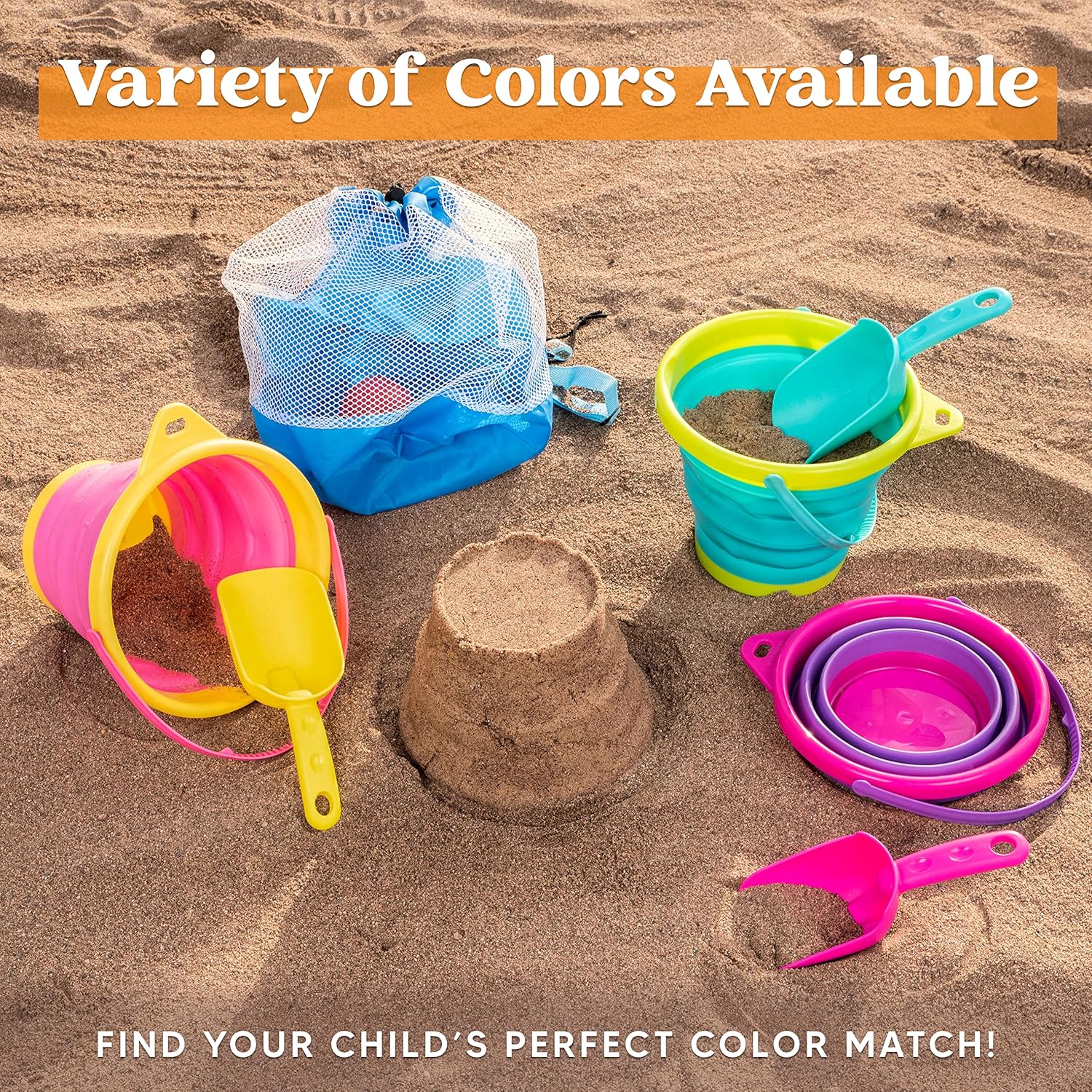 JOYIN Collapsible Beach Bucket Set 3-Pack for Kids with Shovels