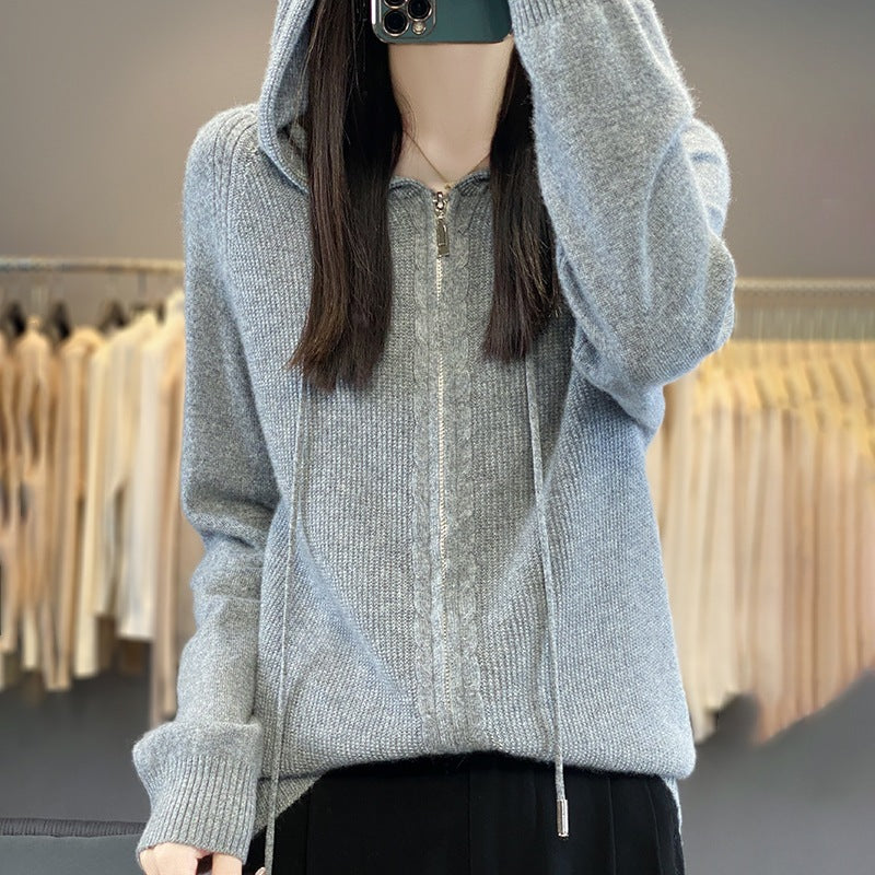 Zip Up Knitted Hoodie Sweater Long Sleeve Loose Fit