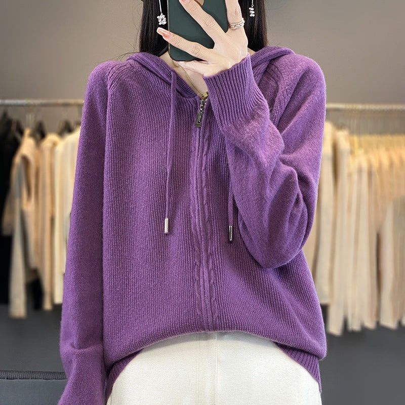 Zip Up Knitted Hoodie Sweater Long Sleeve Loose Fit
