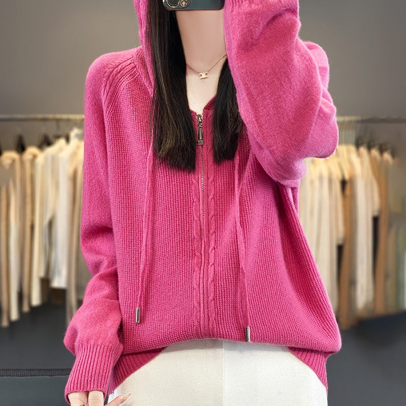 Zip Up Knitted Hoodie Sweater Long Sleeve Loose Fit