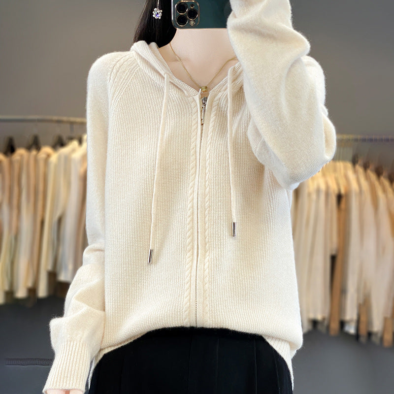 Zip Up Knitted Hoodie Sweater Long Sleeve Loose Fit