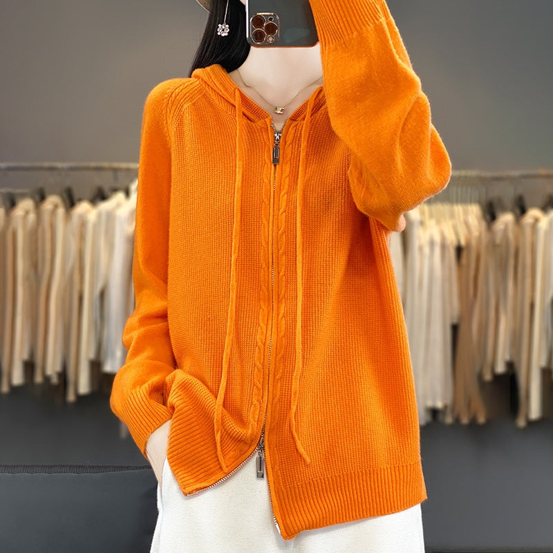Zip Up Knitted Hoodie Sweater Long Sleeve Loose Fit