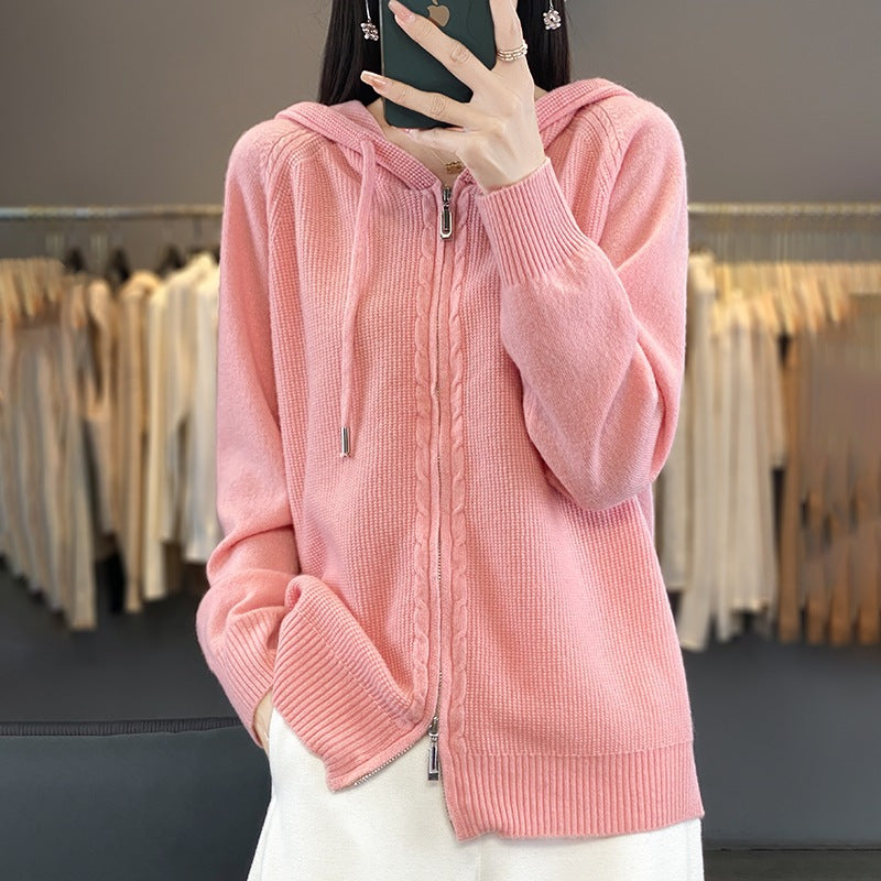 Zip Up Knitted Hoodie Sweater Long Sleeve Loose Fit