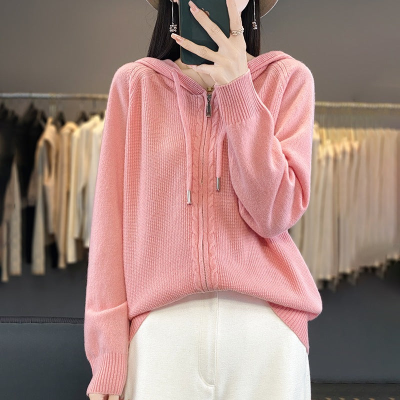 Zip Up Knitted Hoodie Sweater Long Sleeve Loose Fit