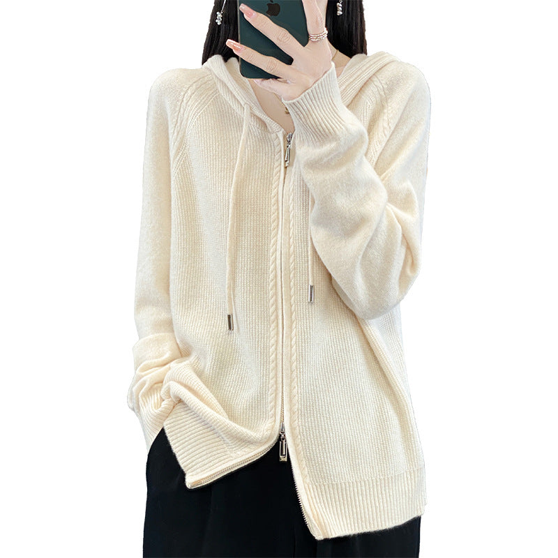 Zip Up Knitted Hoodie Sweater Long Sleeve Loose Fit