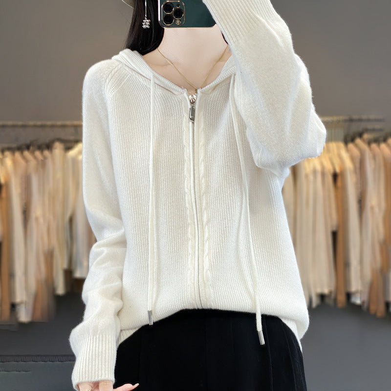 Zip Up Knitted Hoodie Sweater Long Sleeve Loose Fit