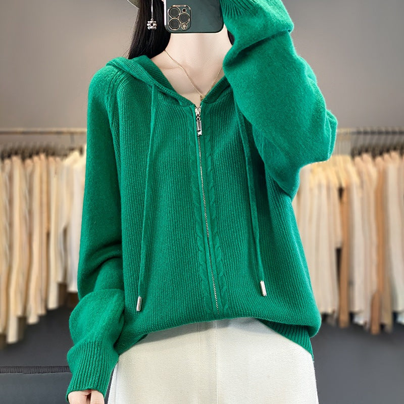 Zip Up Knitted Hoodie Sweater Long Sleeve Loose Fit