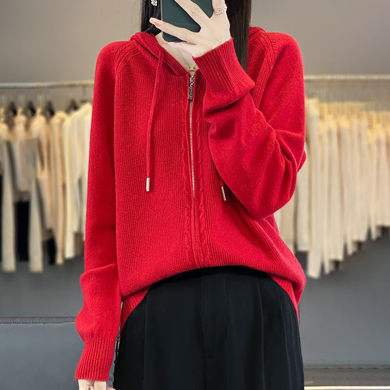 Zip Up Knitted Hoodie Sweater Long Sleeve Loose Fit
