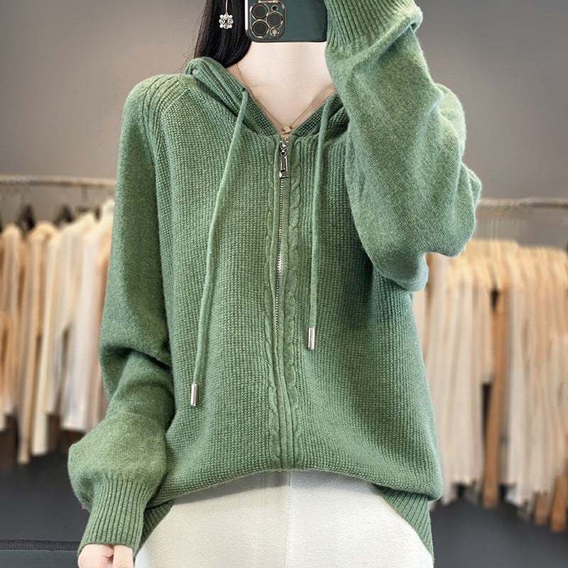 Zip Up Knitted Hoodie Sweater Long Sleeve Loose Fit
