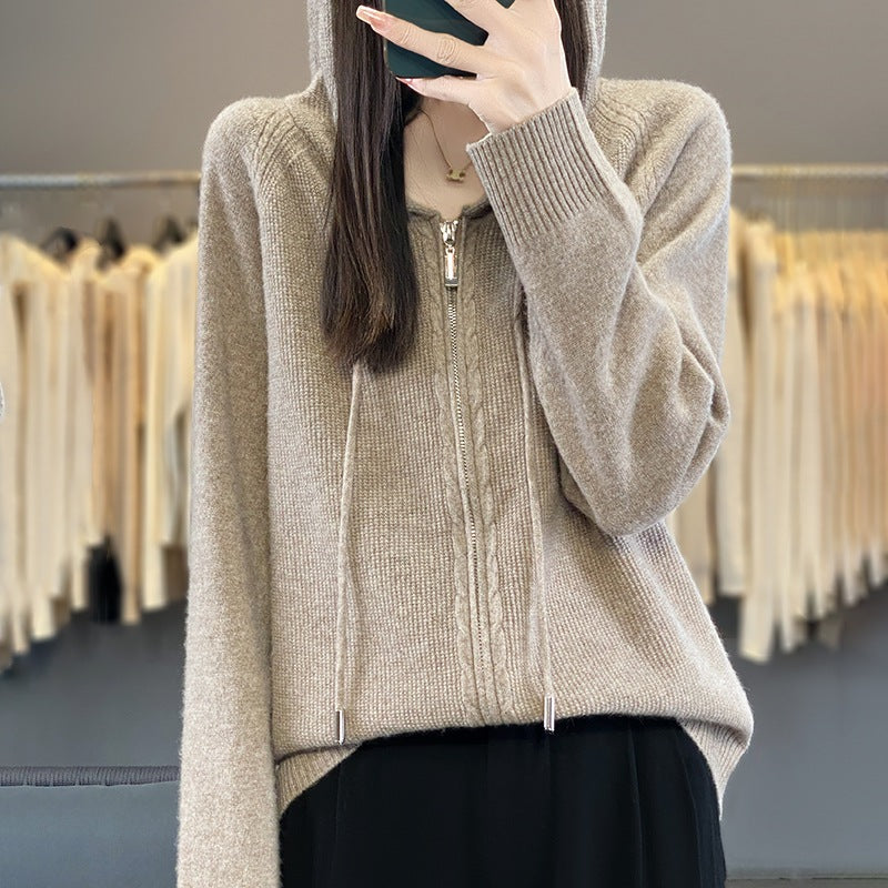 Zip Up Knitted Hoodie Sweater Long Sleeve Loose Fit