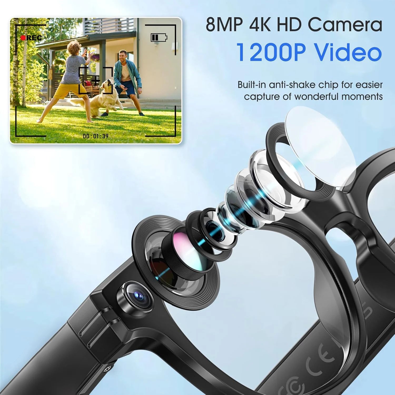Smart Camera Translation Glasses Rectangle 800W Bluetooth 5.3 Waterproof