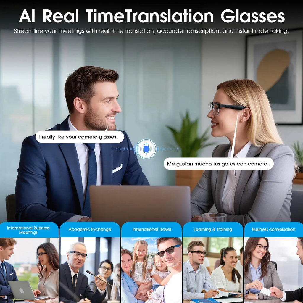 Smart AI Camera Glasses with Bluetooth Audio and Translation