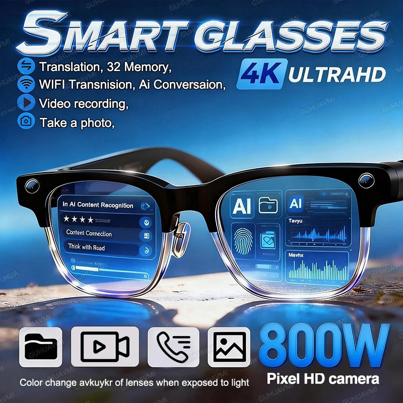 Smart AI Camera Glasses with Bluetooth Audio and Translation